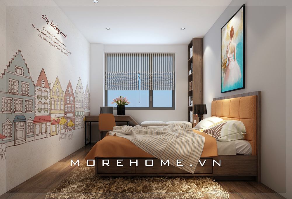 Mẫu thiết kế nội thất phòng ngủ chung cư đơn giản, chiếc giường ngủ hiện đại màu nóng mang lại không gian tràn đầy ấm cúng mà không kém phần năng động